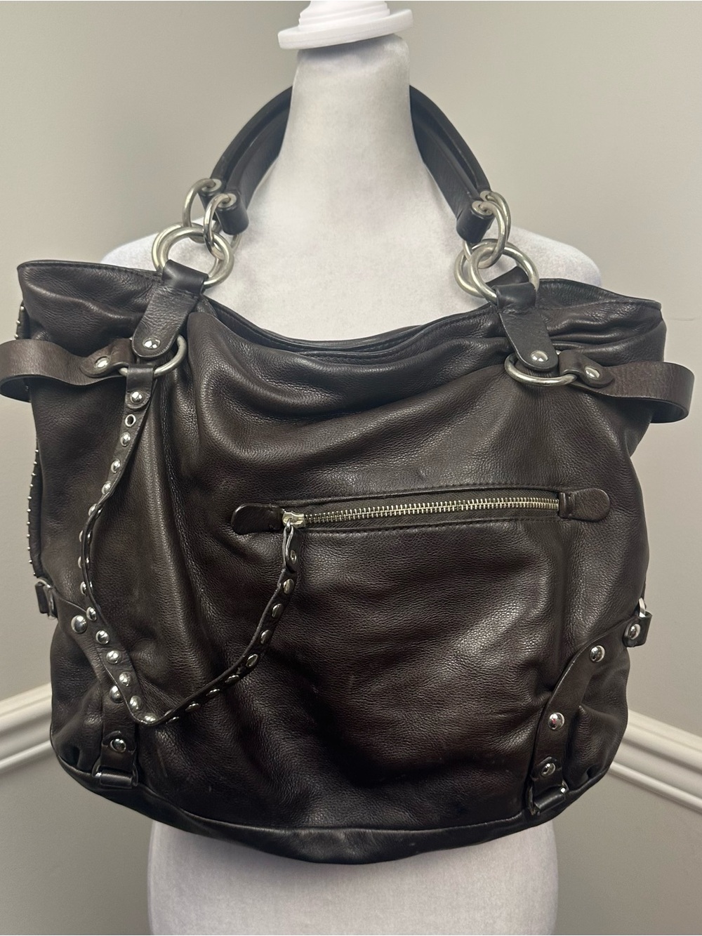 Juicy Couture Vintage Dark Brown Leather Tote with Silver Hardware